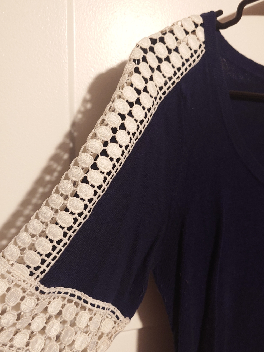 Motherhood Maternity Navy Short Sleeve Top with White Crochet Trim